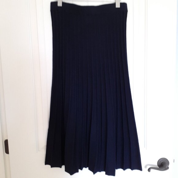 Pure Collection Silk Cashmere Tonal Stripe Midi Skirt Navy Blue Size M - Picture 2 of 10